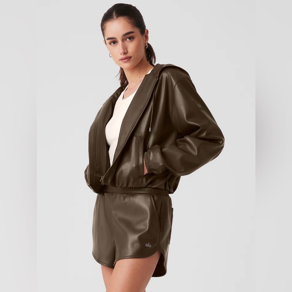 ALO Yoga Olive Green Faux-Leather Hooded Utility Jacket